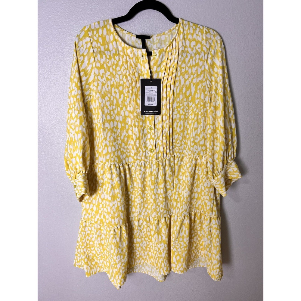 Who What Wear Women Dress Small S Yellow Citrus Leopard Print Long Sleeve New